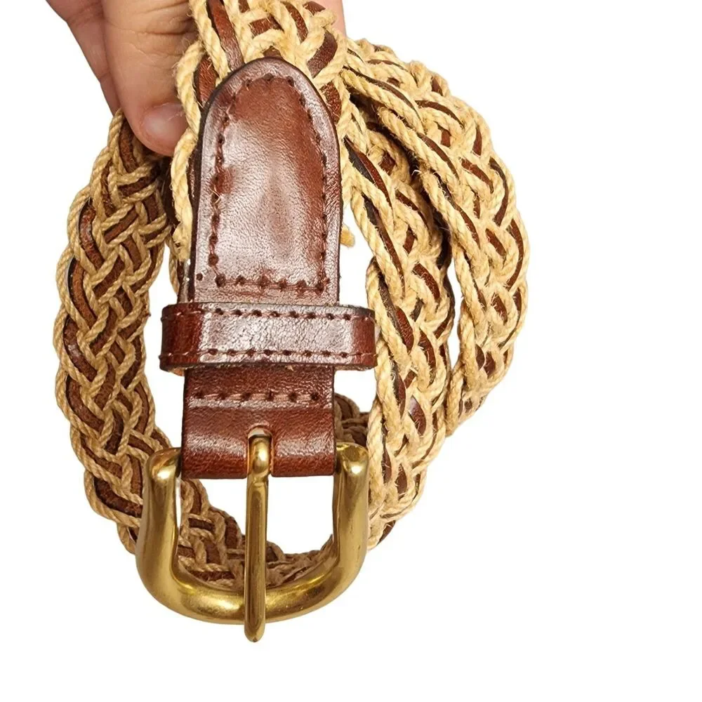 #7611 Brass Buckle Leather Braided Brown Belt Size S 32